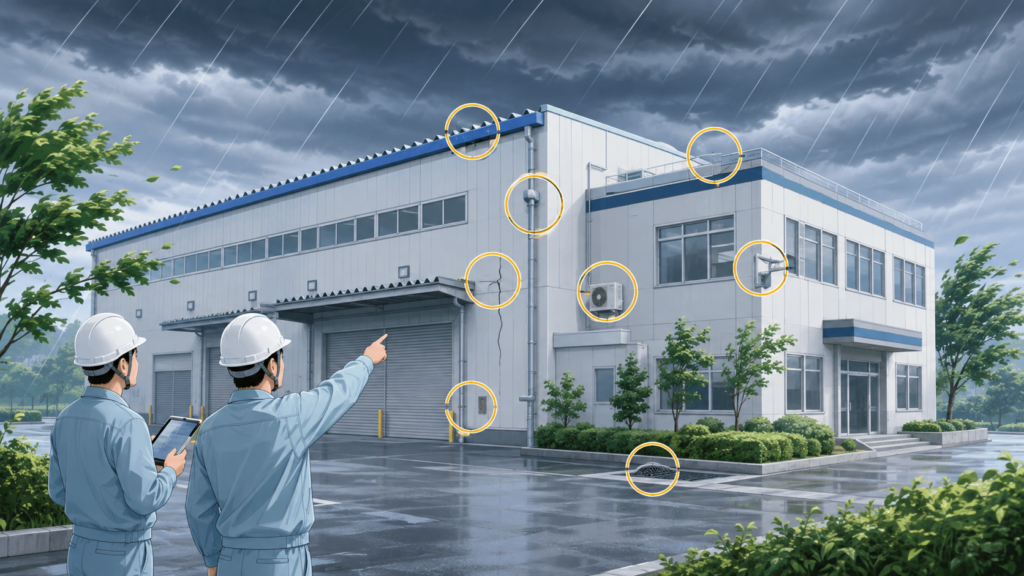 工場・倉庫の点検箇所を円で示し、台風・豪雨への事前対策